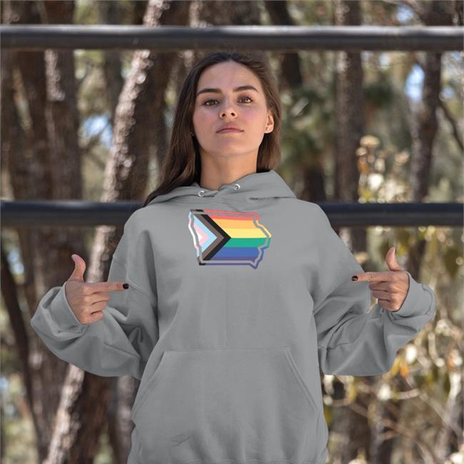 C.J. Petersen Wearing Iowa Outline Progress Pride Flag Shirts