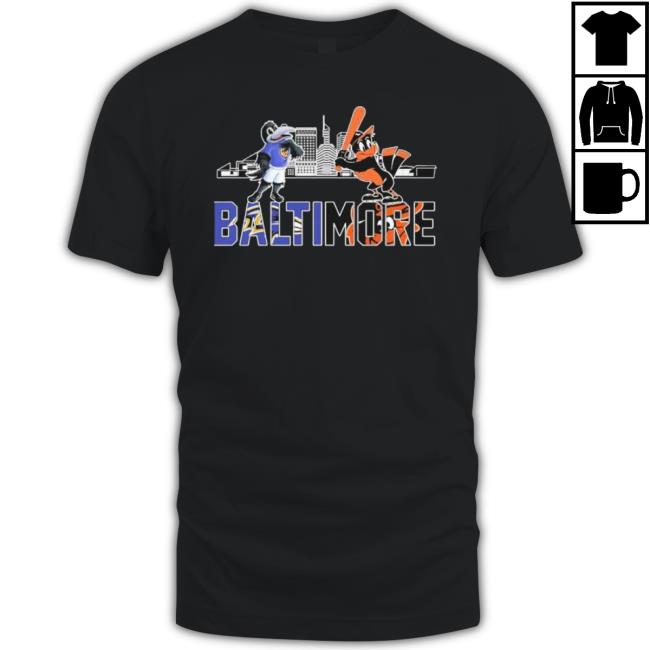 The Oriole Bird And Poe Mascots Baltimore Skyline Sports Shirt